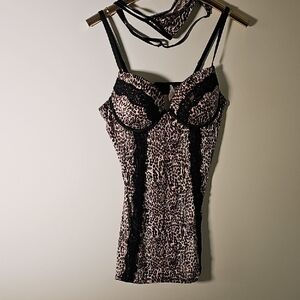Fame Sexy Leopard Print Lingerie Set with Black Lace. Sz Lg.‎ NWOT